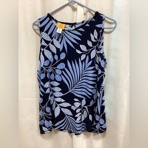 Navy Blue Leaf Print Sleeveless Top